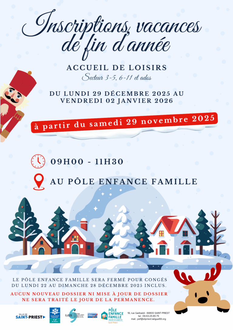 Inscriptions vacances de fin d'année le samedi 29 novembre de 9h à 11h30 au Pôle Enfance Famille