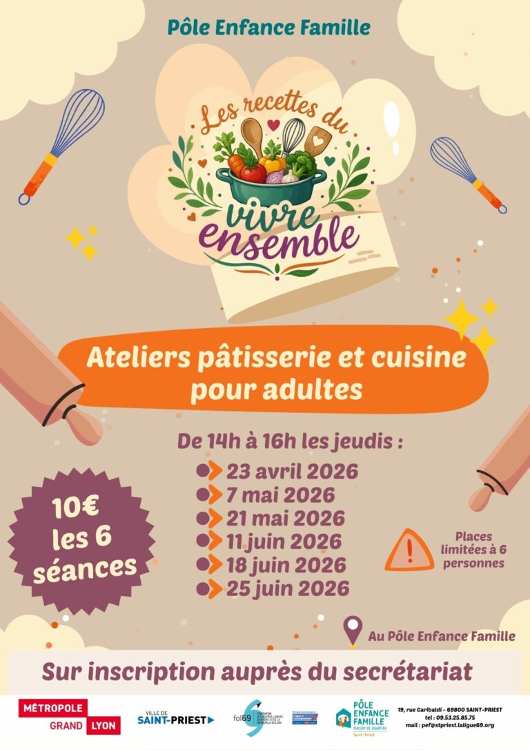 Ateliers pâtisserie et cuisine pour adultes les jeudis 23 avril 2026 7 mai 2026 21 mai 2026 11 juin 2026 18 juin 2026 25 juin 2026 , sur inscription
