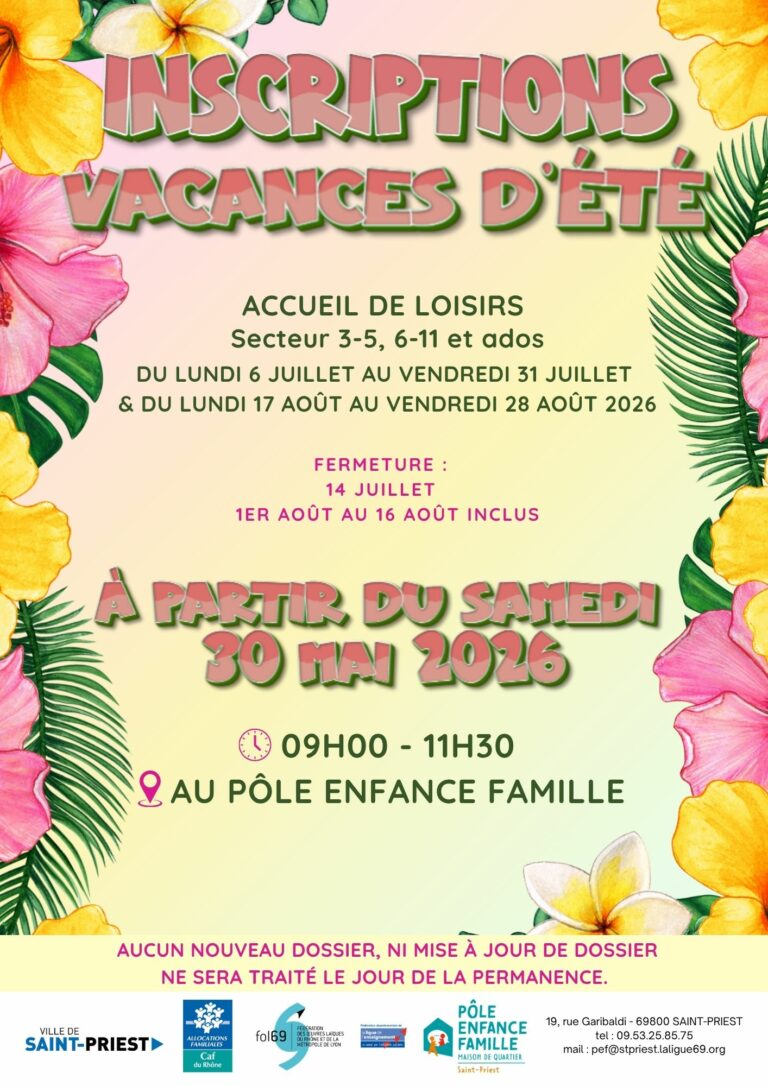 Inscription vacances été à partir du samedi 30 mai 2026
